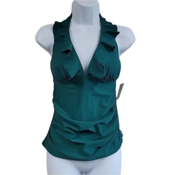 Ellen Tracy Pine Ruffle Tankini Top - Picture 1 of 6
